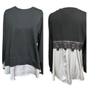 Melloday boho black top with gray silky bottom, S